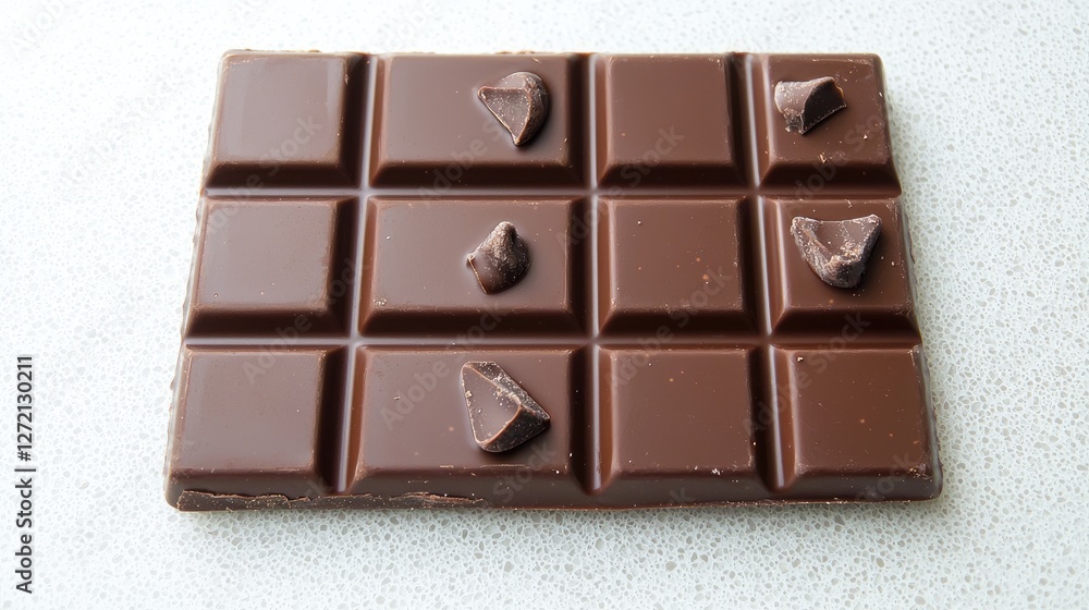 Dark Chocolate Bar with Chips on Light Surface Dark Chocolate Bar with Chips on Light Surface