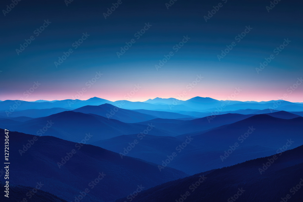 Serene twilight landscape featuring layers of blue mountains under a soft pink and blue sky. Serene twilight landscape featuring layers of blue mountains under a soft pink and blue sky.