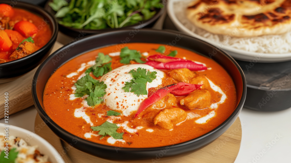 Creamy butter chicken curry garnished with fresh cilantro, red chili, and dollop of cream, served in black bowl. Accompanied by naan, rice, and other curry dishes in background Creamy butter chicken curry garnished with fresh cilantro, red chili, and dollop of cream, served in black bowl. Accompanied by naan, rice, and other curry dishes in background