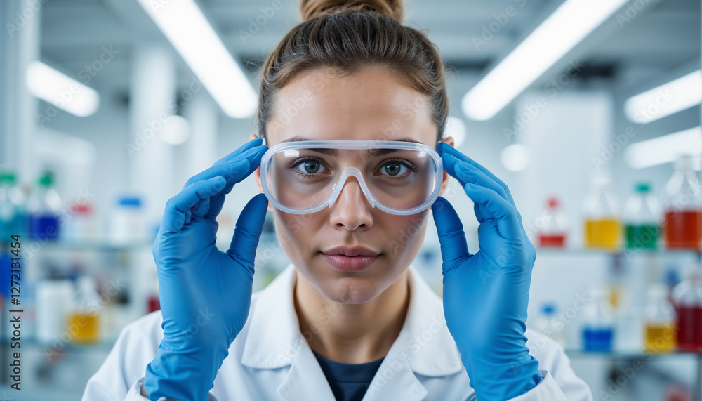Obraz premium Female scientist adjusting goggles in laboratory environment