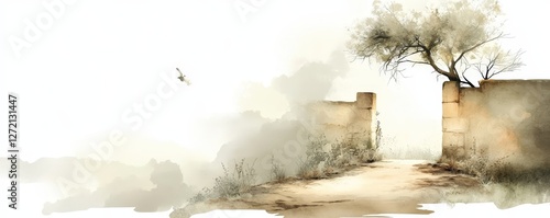 Serene Pathway Landscape: Whimsical Watercolor Scenery with Trees and Gate in a Dreamy, Tranquil Nature Background