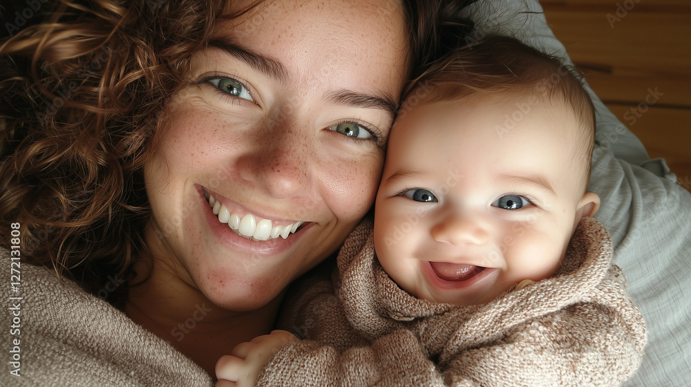 Smiling mom and baby, cozy embrace, peaceful home moment. Smiling mom and baby, cozy embrace, peaceful home moment.