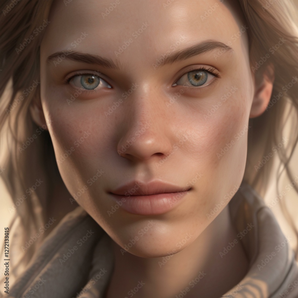 Fototapeta premium A highly detailed, hyper-realistic close-up portrait of an AI-generated human face. This digital artwork features lifelike skin textures, expressive eyes, and natural lighting.