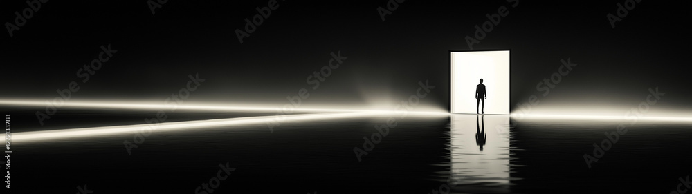 Fototapeta premium Einsame Figur steht vor strahlendem Portal in dunkler Umgebung