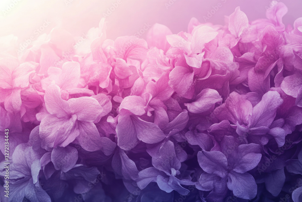 A vibrant close-up of delicate purple and pink hydrangeas bathed in soft sunlight. A vibrant close-up of delicate purple and pink hydrangeas bathed in soft sunlight.