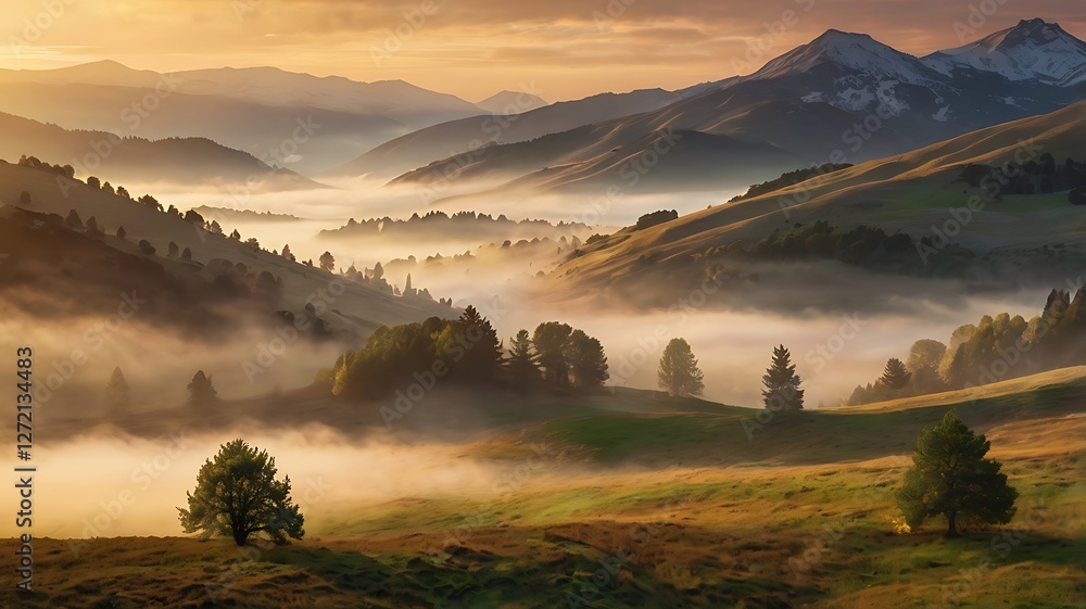Fototapeta premium A majestic mountainous landscape bathed in the golden light of the rising sun, with a gentle mist rolling through the valley and a serene river flowing calmly below