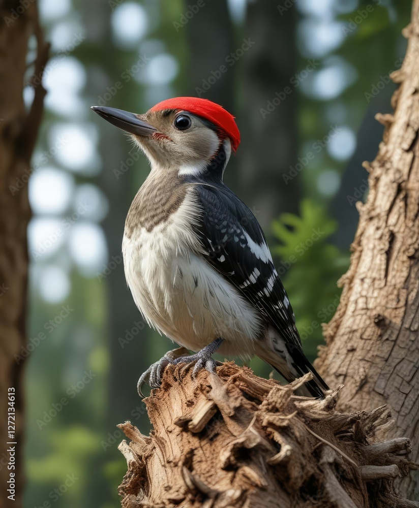 Fototapeta premium Fledgling woodpecker with bright red cap and white underside, branch, feathers