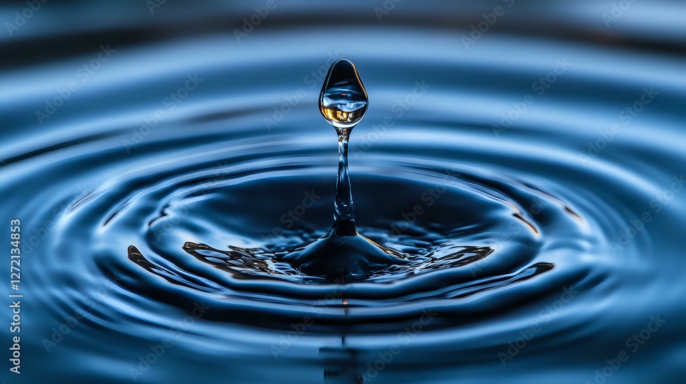 Water drop impact creating concentric ripples on blue surface with suspended droplet above, captured in high-speed macro photography showing liquid dynamics. Water drop impact creating concentric ripples on blue surface with suspended droplet above, captured in high-speed macro photography showing liquid dynamics.