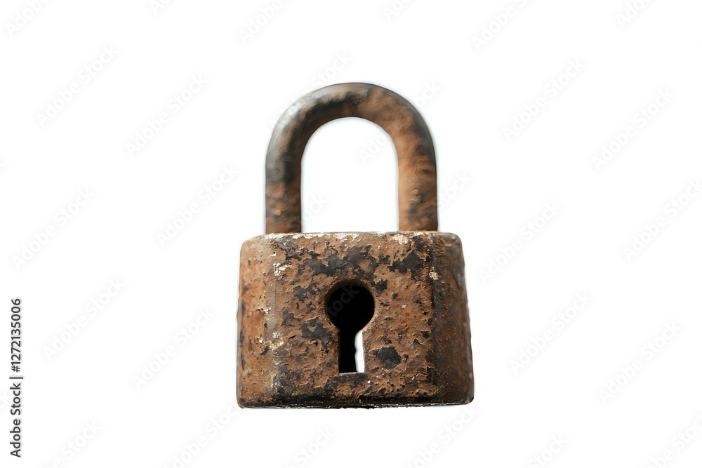 Old rusty padlock with keyhole isolated on white background, showing weathered metal texture and patina. Vintage security concept for design projects. Old rusty padlock with keyhole isolated on white background, showing weathered metal texture and patina. Vintage security concept for design projects.