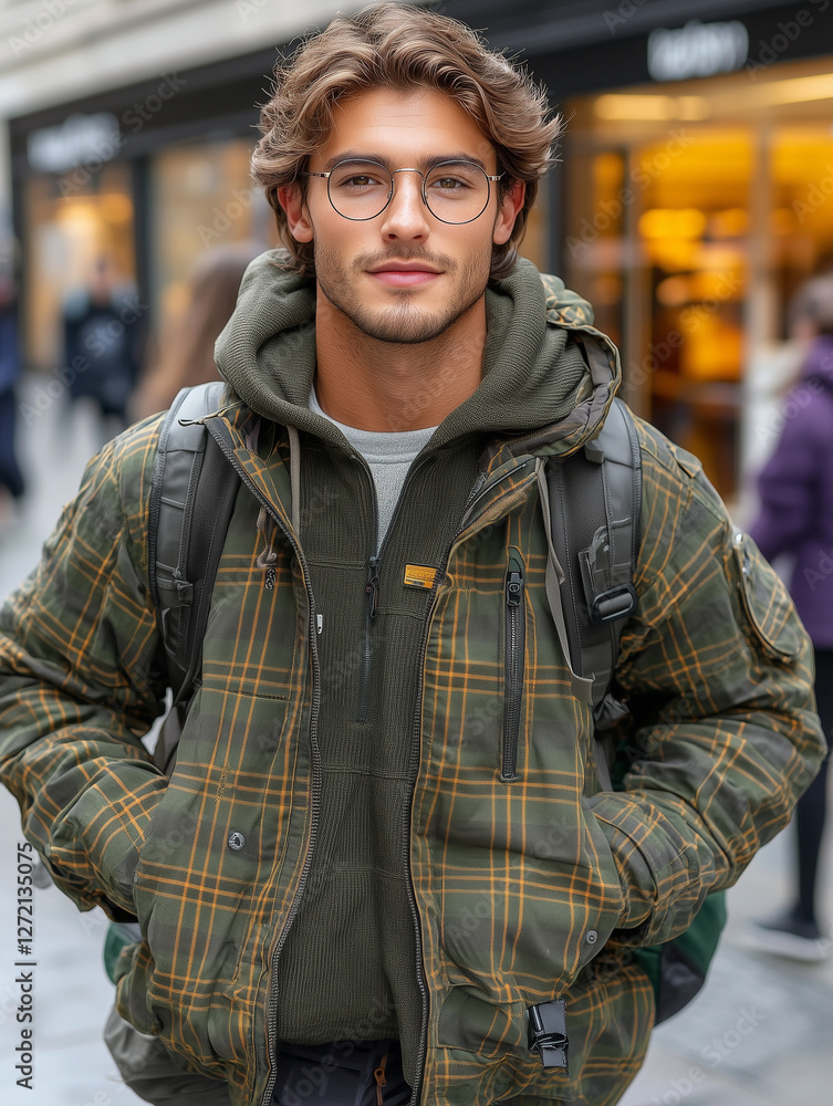 Fototapeta premium A young man with glasses, dressed in a green plaid jacket, standing outdoors in an urban setting.