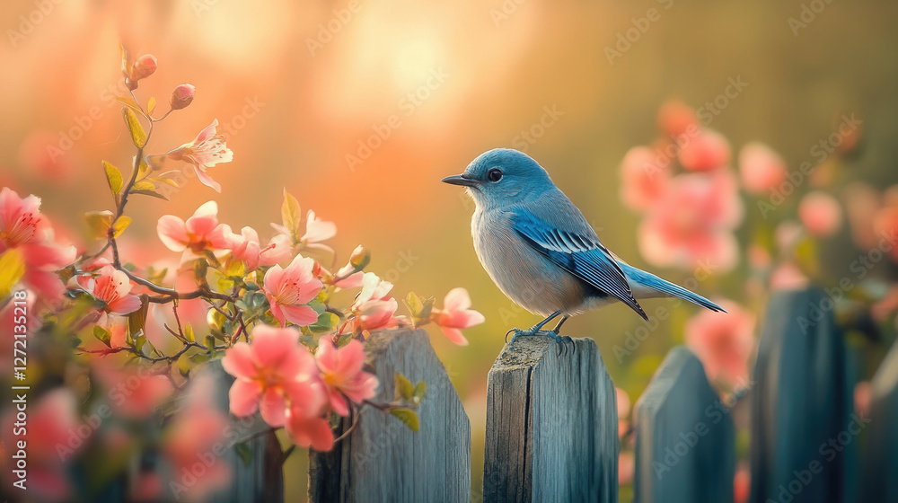 Obraz premium A close-up of a bluebird perched on a rustic wooden fence, with soft-focus flowers blooming in the background. Blue Bird Day, as a symbol of spring and the return of birds. Copy space. Card. Wallpaper
