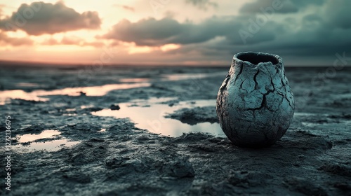 A large, cracked vase sits on a beach near the water