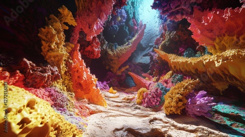 A colorful underwater scene with many different types of coral and sea creatures