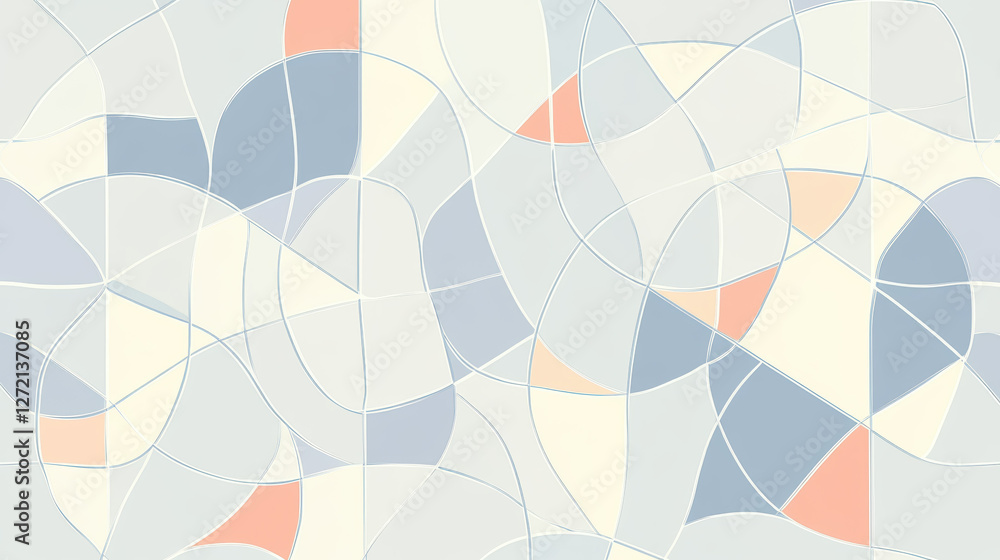 Delicate mosaics with intricate and polished geometric patterns in soft pastel shades of blue, peach, and cream create harmonious abstract design with fluid, curving lines Delicate mosaics with intricate and polished geometric patterns in soft pastel shades of blue, peach, and cream create harmonious abstract design with fluid, curving lines