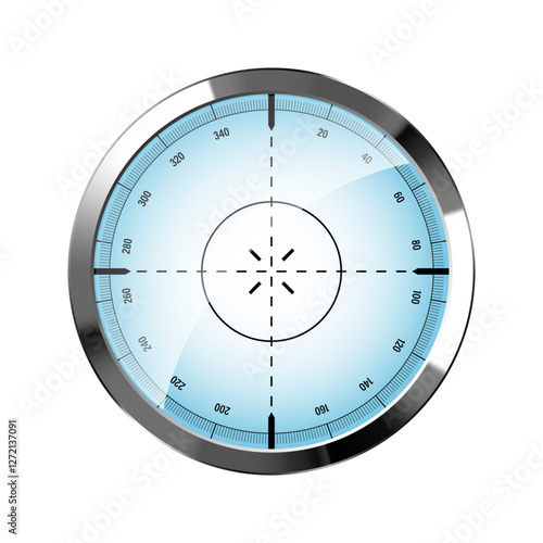 Chrome weapon sight, sniper rifle optical scope. Hunting gun viewfinder with crosshair. Aim, shooting mark symbol. Military target sign, silhouette. Game interface UI element. Vector illustration