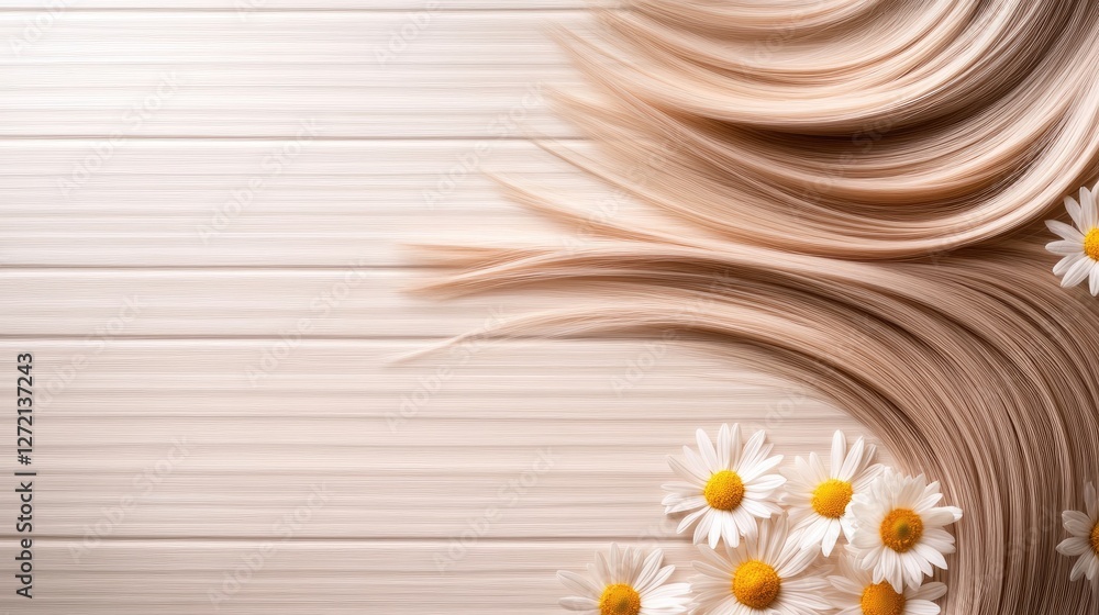 Obraz premium Beautiful long blonde hair with yellow and white flowers is arranged on a light background, showcasing a natural beauty concept