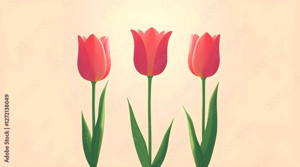Obraz premium Illustration of three red pink tulips on a beige background.