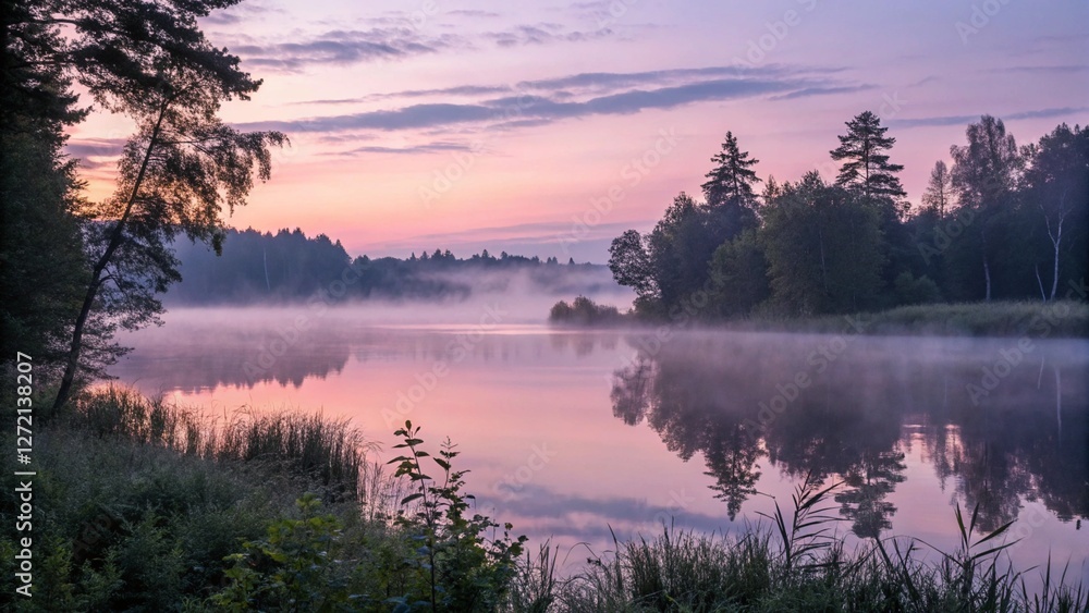Obraz premium A serene lakeside scene with mist rising over the water at dawn, tranquil and peaceful mood.