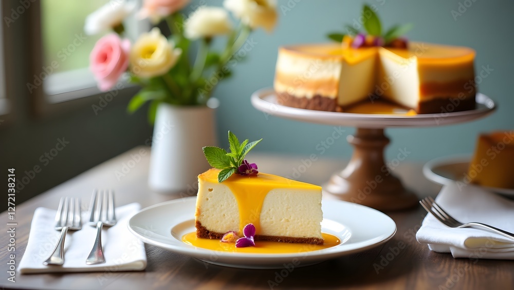 Elegant Yellow delicious cake Slice with Passion Fruit Sauce and Edible Flowers Elegant Yellow delicious cake Slice with Passion Fruit Sauce and Edible Flowers
