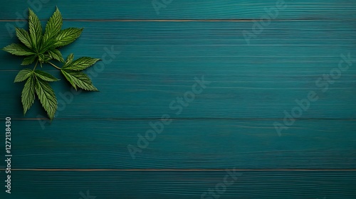 Green fatsia leaf on dark turquoise wooden background with textured surface and copy space for text. Natural minimal composition. photo