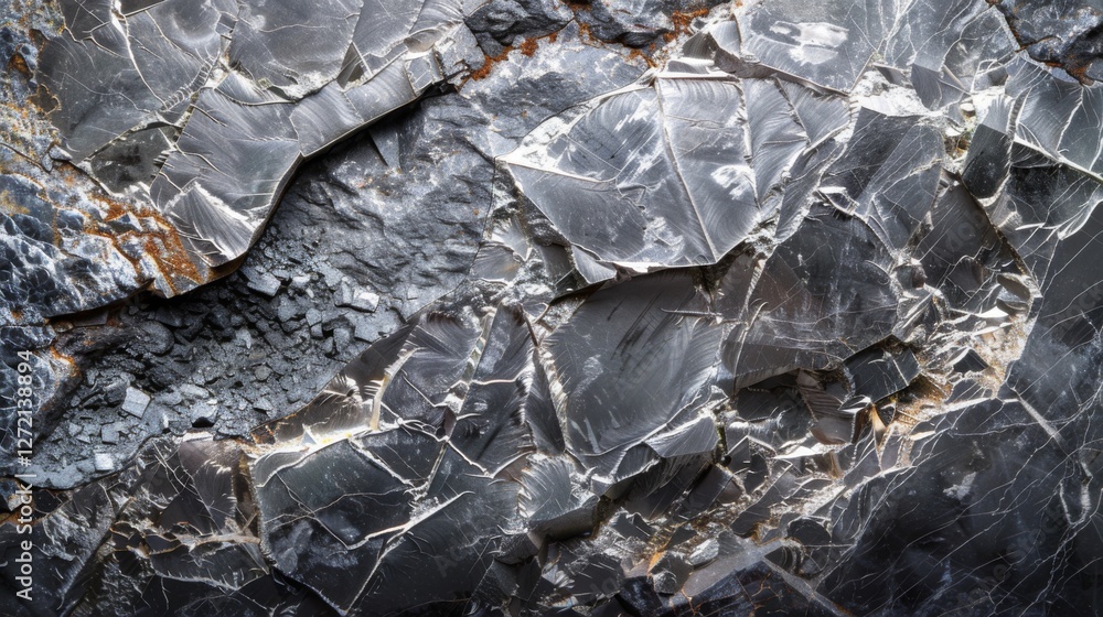 Close up view of dark grey mineral shards showcasing their sharp edges and distinct layers, highlighting the natural beauty and complexity of geological formations Close up view of dark grey mineral shards showcasing their sharp edges and distinct layers, highlighting the natural beauty and complexity of geological formations
