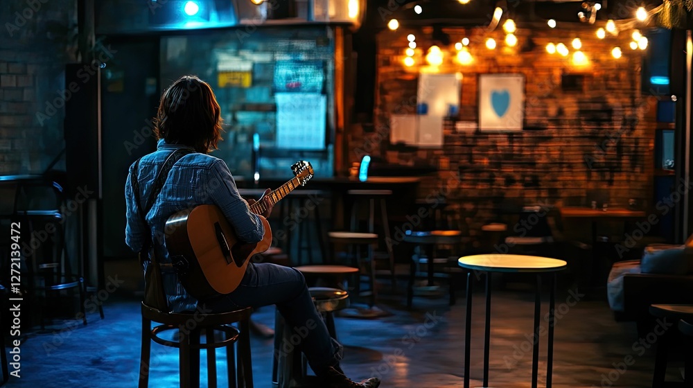 Naklejka premium Person plays guitar in dimly lit venue.