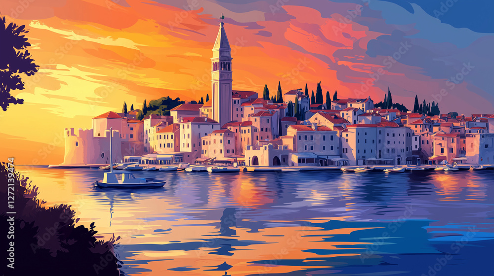 Fototapeta premium Illustration, Cityscape of Rovinj in Croatia, touristic advertisement poster. Beautiful touristic travel destination in europe. Touristic must-see spot. Famous city in the adreatic sea.