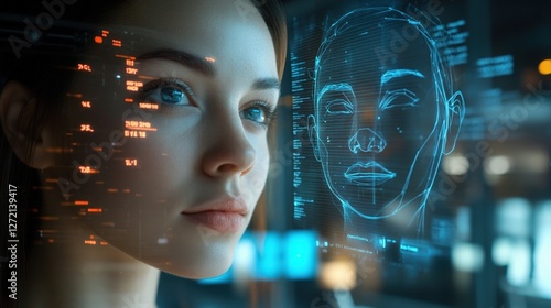 Wallpaper Mural An intricate digital dashboard presents a closeup of facial recognition metrics where a transparent overlay showcases the comparison between a live image and stored data. Realtime feedback Torontodigital.ca