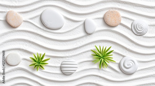 Minimalist Zen Garden with White Pebbles and Green Succulents on Wavy Sand