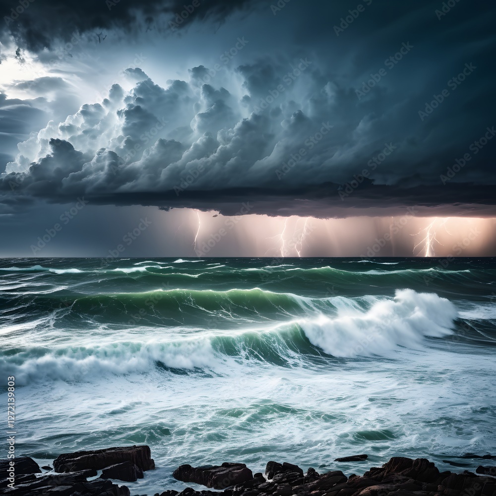 Fototapeta premium Ocean Storm with Lightning and Waves