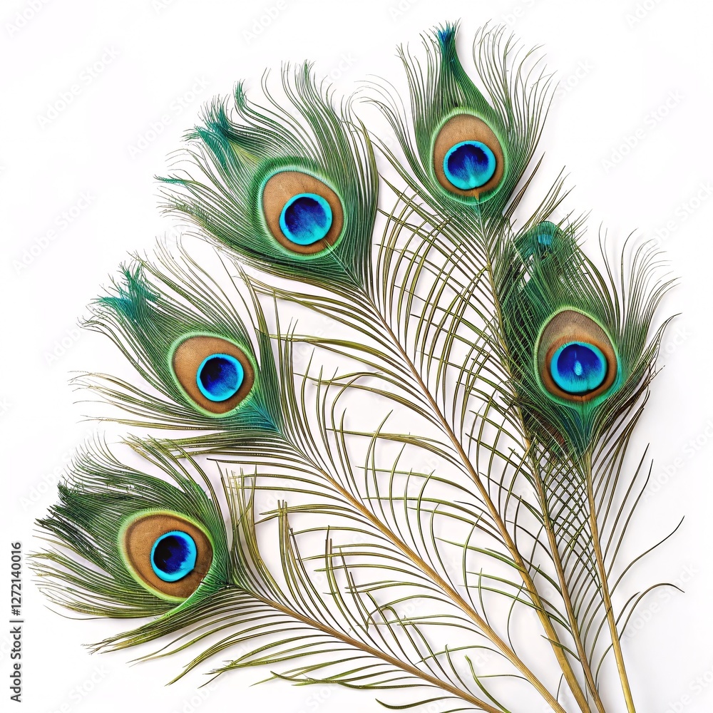 Fototapeta premium Elegant Hindu Invitation Featuring Peacock Feathers on a Pristine White Background for a Sacred and Graceful Celebration Design