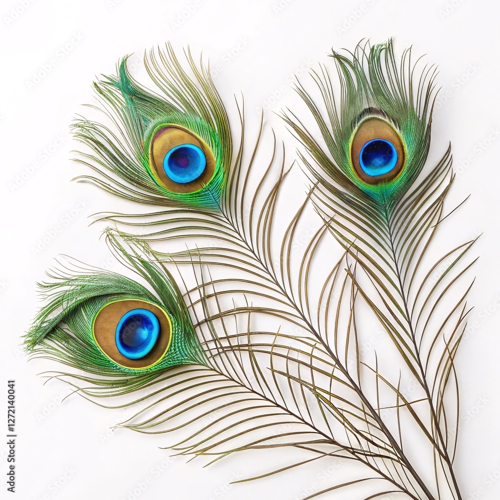 Obraz premium Elegant Hindu Invitation Featuring Peacock Feathers on a Pristine White Background for a Sacred and Graceful Celebration Design