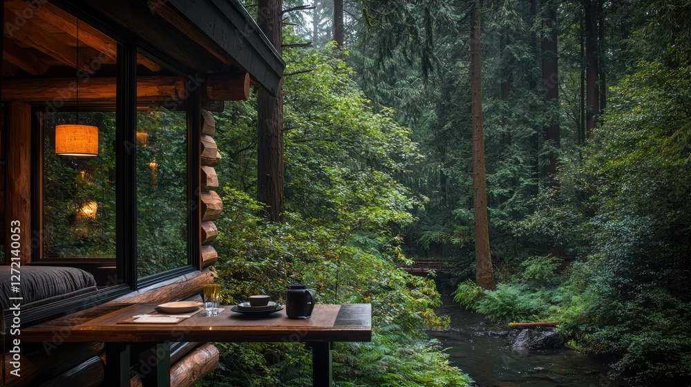Cabin forest stream breakfast view Cabin forest stream breakfast view