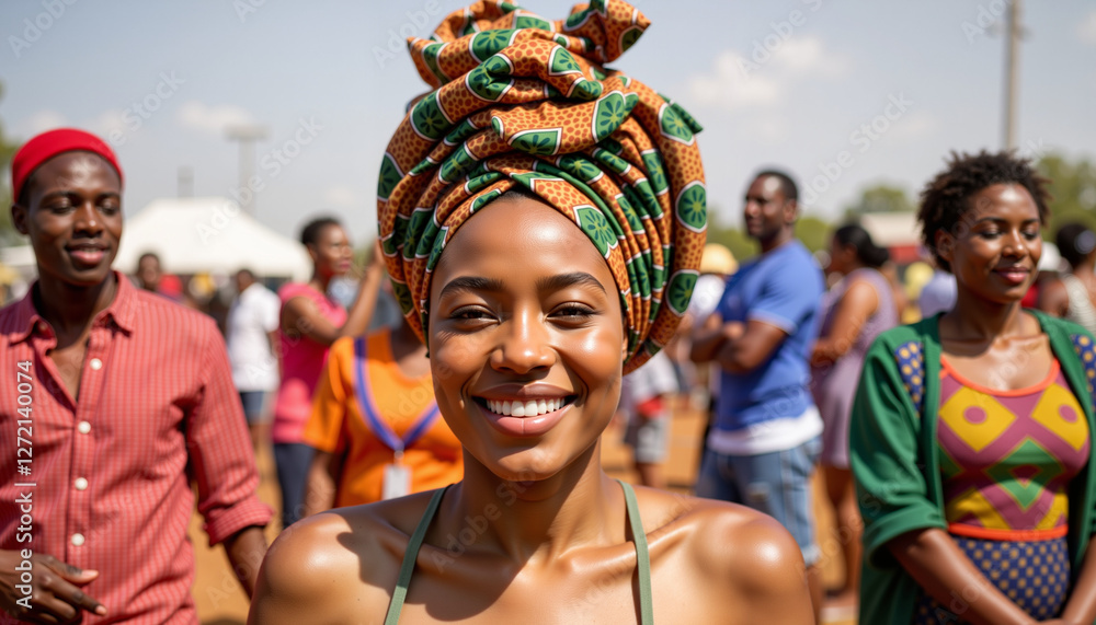 Joyful African woman smiling at vibrant Nigerian festival, cultural celebration Joyful African woman smiling at vibrant Nigerian festival, cultural celebration