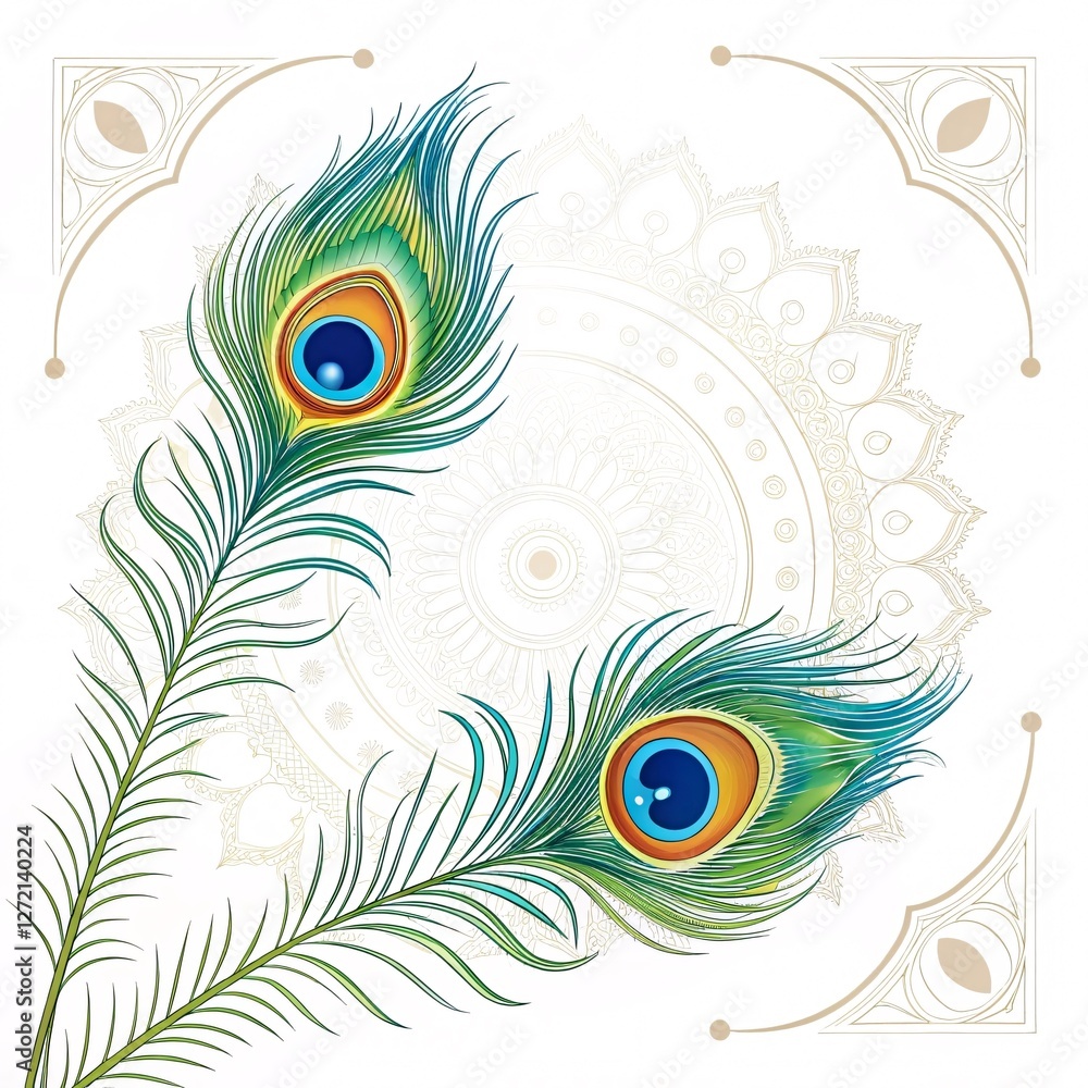 Obraz premium Elegant Hindu Invitation Featuring Peacock Feathers on a Pristine White Background for a Sacred and Graceful Celebration Design