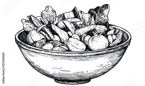 Hand-drawn Vegetable Salad Illustration in Engraving Style for Minimalist Design