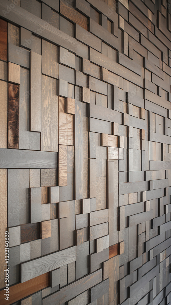 A close-up shot of an elegant wooden wall with vertical planks in various colors and textures, representing modern, sophisticated interior design and craftsmanship. 3D wallpaper A close-up shot of an elegant wooden wall with vertical planks in various colors and textures, representing modern, sophisticated interior design and craftsmanship. 3D wallpaper