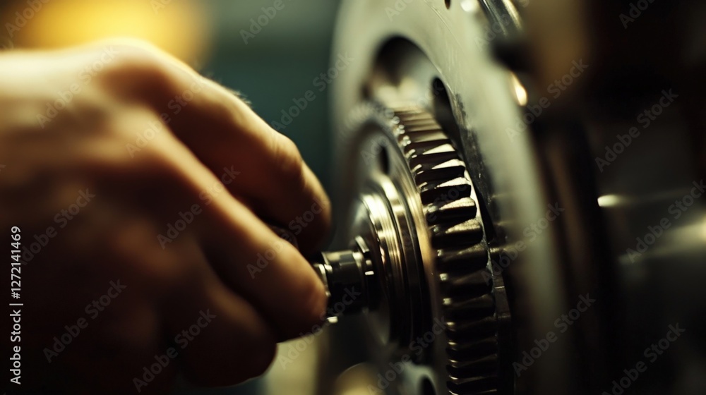 Close up of a mechanic's hand tightening a bolt on a large industrial gear in a workshop, with warm lighting enhancing the maintenance scene Close up of a mechanic's hand tightening a bolt on a large industrial gear in a workshop, with warm lighting enhancing the maintenance scene