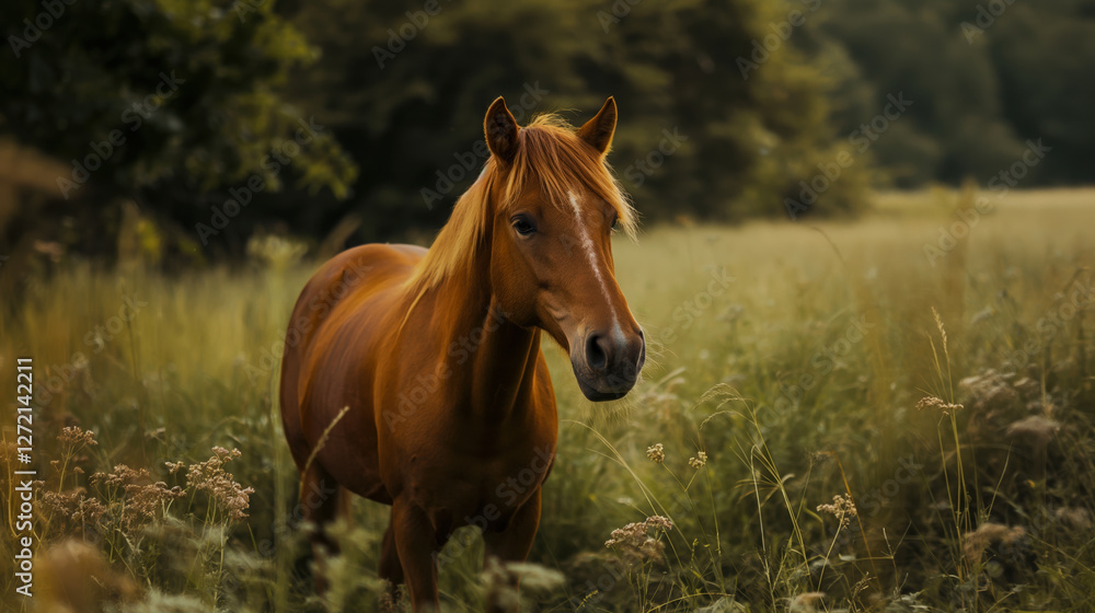 A brown horse stands peacefully among wildflowers in a vibrant green field. The warm light of the late afternoon enhances the tranquil atmosphere of the rural landscape. A brown horse stands peacefully among wildflowers in a vibrant green field. The warm light of the late afternoon enhances the tranquil atmosphere of the rural landscape.