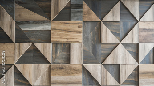 Fototapeta Naklejka Na Ścianę i Meble -  A close-up view of a modern geometric wall design featuring wooden tiles arranged in triangular patterns, showcasing a stylish and contemporary interior aesthetic. 3D wallpaper