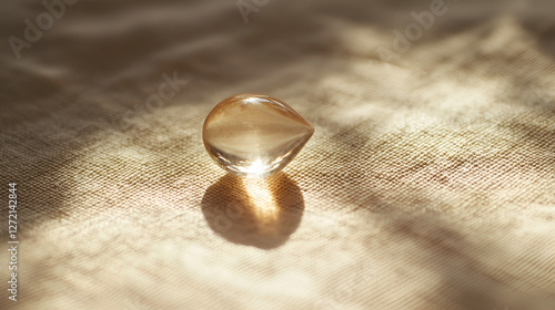 Refractive sphere: a clear orb casting shadows on woven fabric, emphasizing form and light interaction. photo