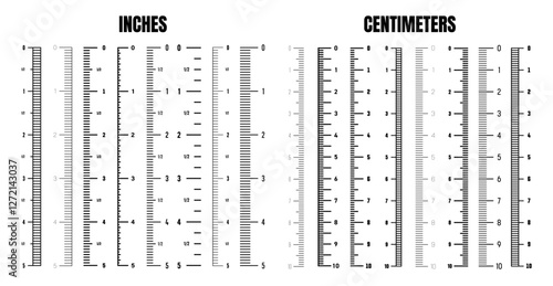 Vertical centimeter and inch scale for measuring length or height. Various measurement scales with divisions. Ruler, tape measure marks, size indicators. Vector illustration