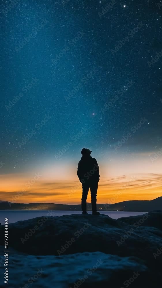 Person silhouette watching starry night sky and sunset over mountains. Lone figure standing on snowy peak. Winter meditation and nature contemplation concept. Vertical video Person silhouette watching starry night sky and sunset over mountains. Lone figure standing on snowy peak. Winter meditation and nature contemplation concept. Vertical video