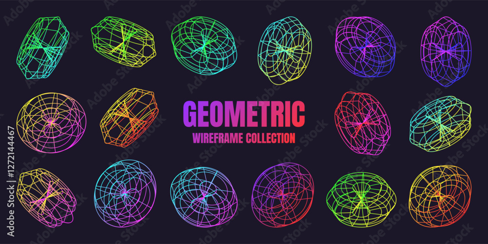 Neon lined wireframe shapes. Perspective mesh, 3d grid. Low poly geometric elements. Retro futuristic design elements, y2k, vaporwave and synthwave style. Vector illustration