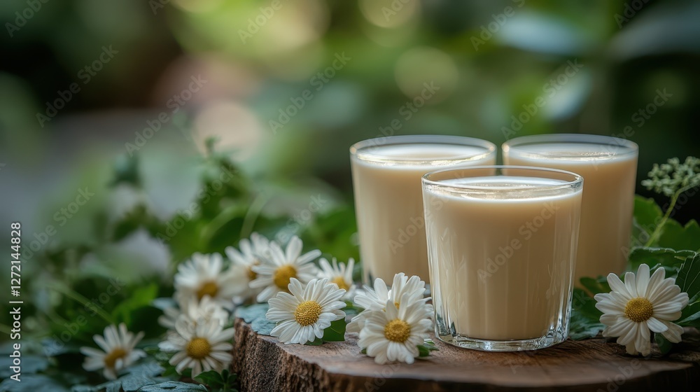Glasses of milk with chamomile flowers on rustic wooden table outdoors. Glasses of milk with chamomile flowers on rustic wooden table outdoors.