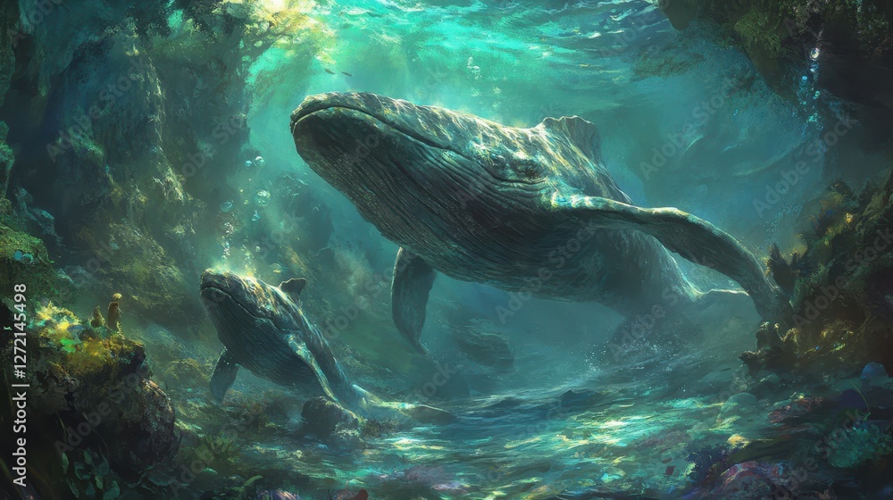 Fototapeta premium Humpback whale swimming near coral reef in crystal-clear ocean water.