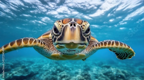 Sea turtle swimming towards camera in tropical blue ocean.