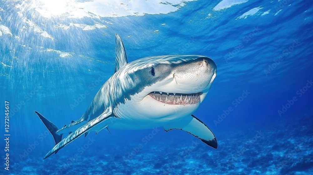 Naklejka premium Great white shark swimming near ocean surface with sharp teeth visible.