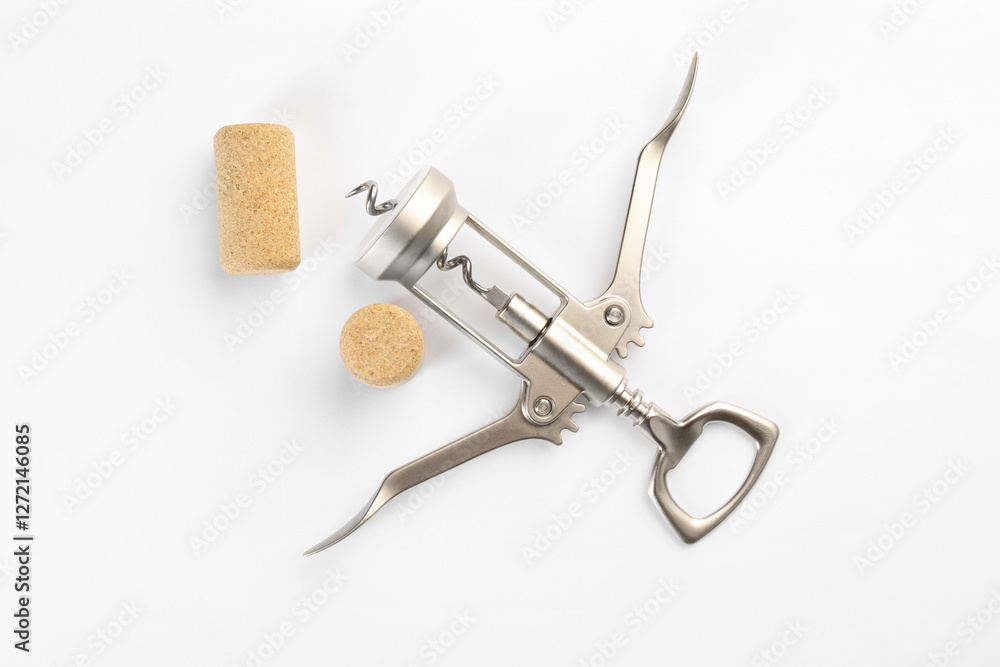 Wing corkscrew and corks on white background, top view Wing corkscrew and corks on white background, top view