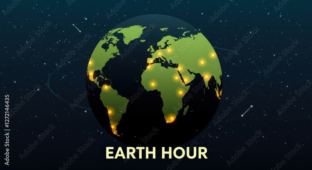 Naklejka premium Earth Hour globe with lights and stars, promoting environmental awareness and energy conservation